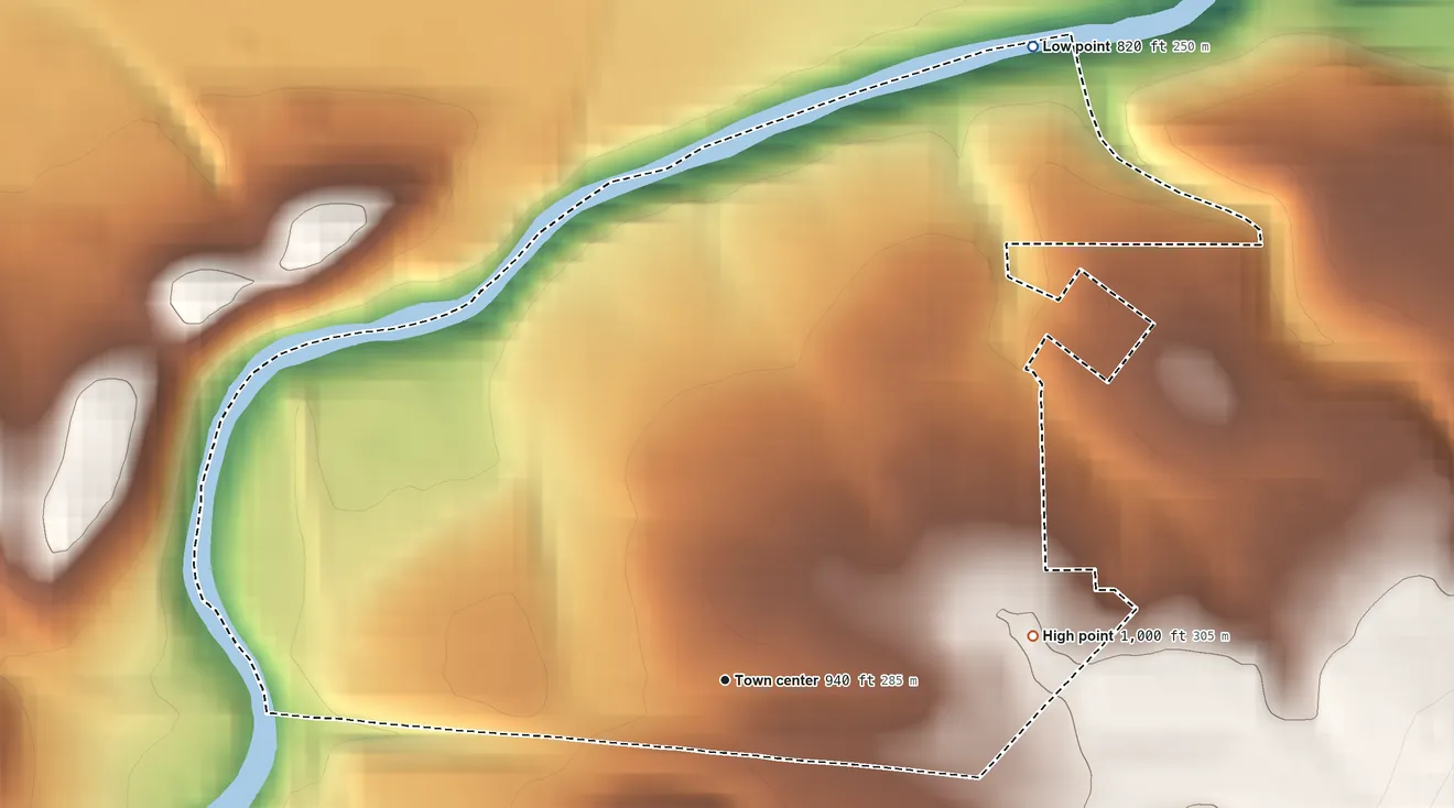 Topographic elevation map of Frisco, Pennsylvania, shaded from 820 ft on the northeast side to 1,000 ft on the east side