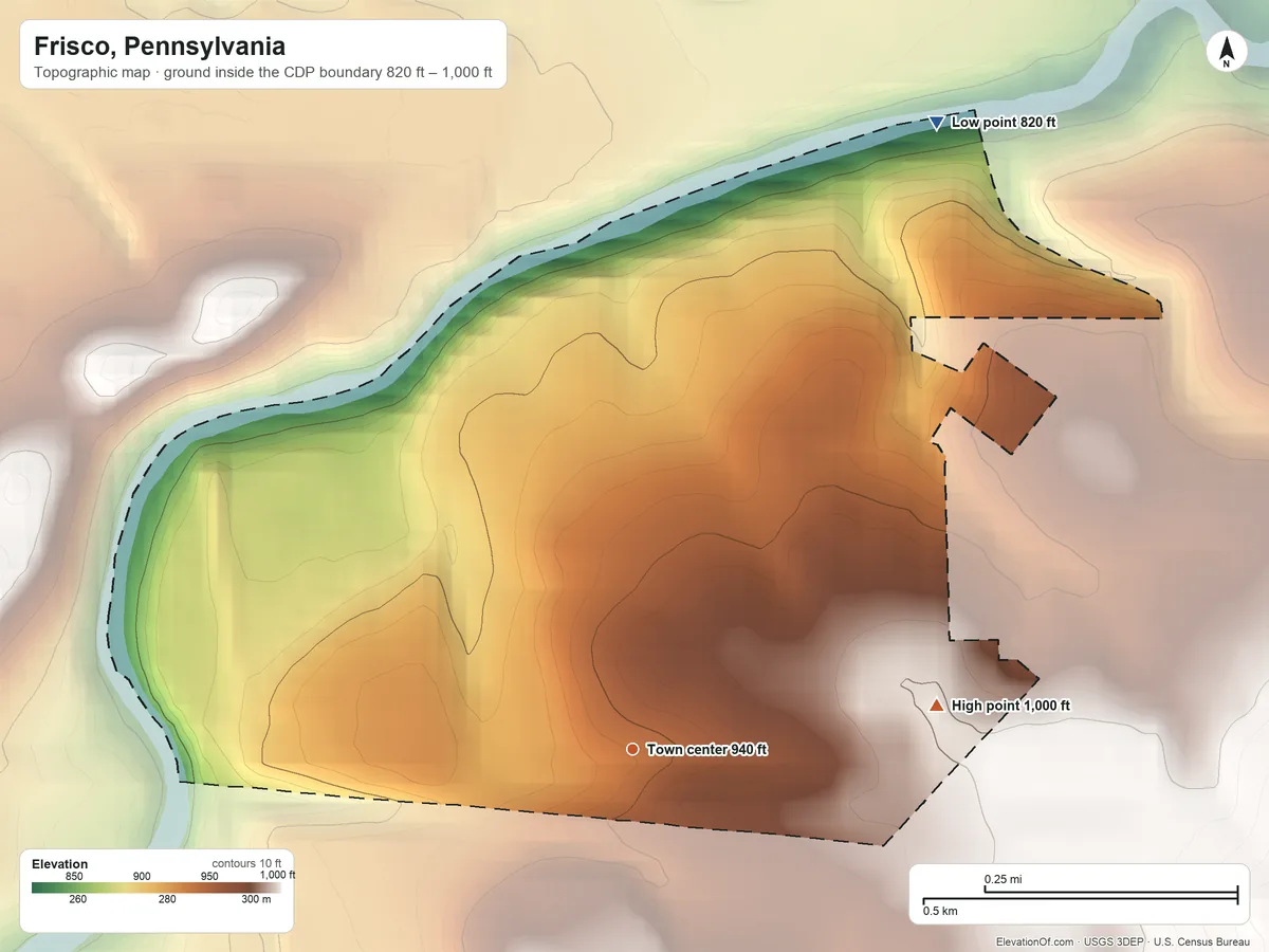 Topographic elevation map of Frisco, Pennsylvania, shaded from 820 ft on the northeast side to 1,000 ft on the east side