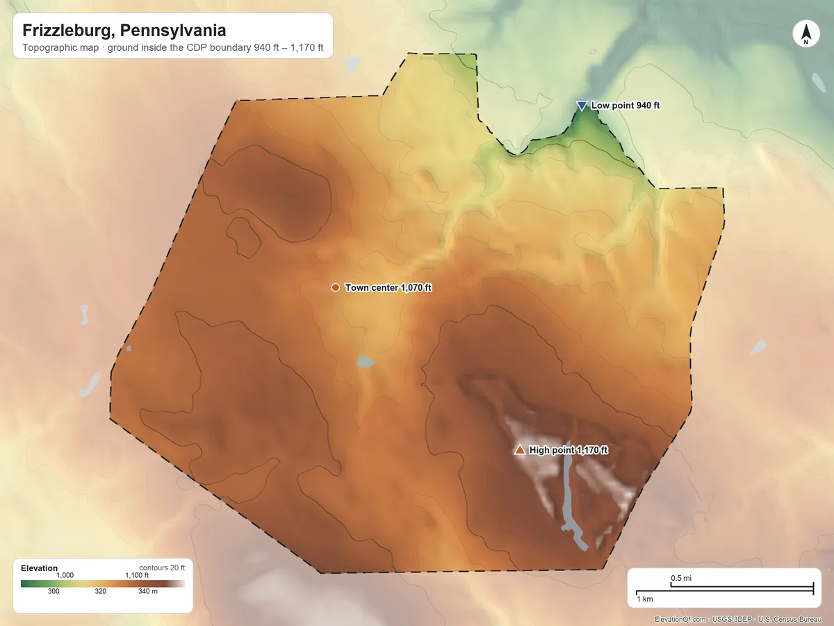 Topographic elevation map of Frizzleburg, Pennsylvania, shaded from 940 ft on the northeast side to 1,170 ft on the southeast side