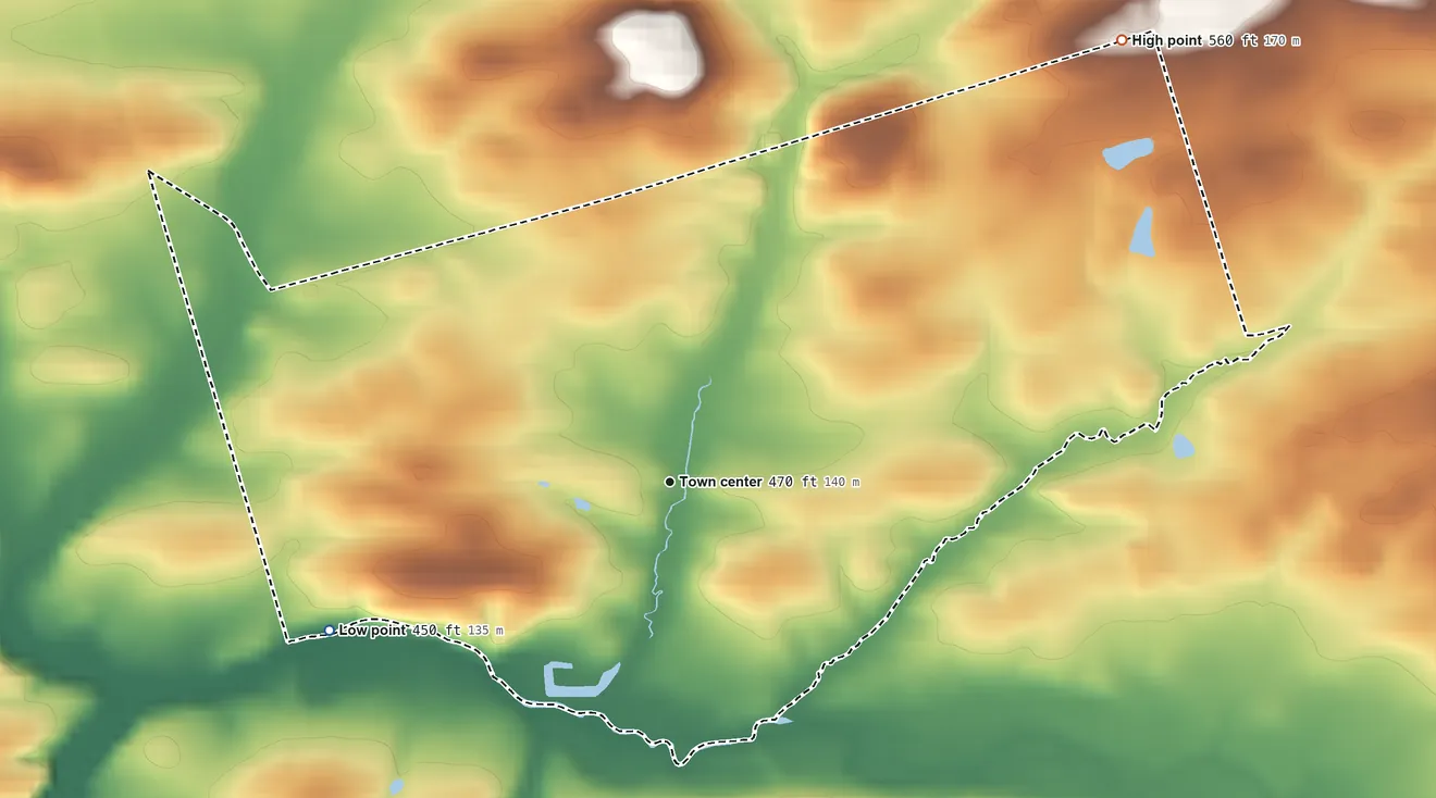 Topographic elevation map of Frystown, Pennsylvania, shaded from 450 ft on the southwest side to 560 ft on the northeast side