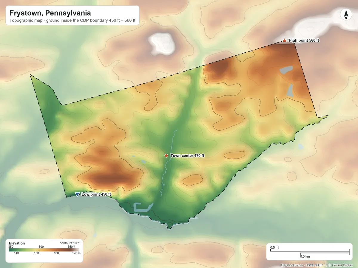 Topographic elevation map of Frystown, Pennsylvania, shaded from 450 ft on the southwest side to 560 ft on the northeast side