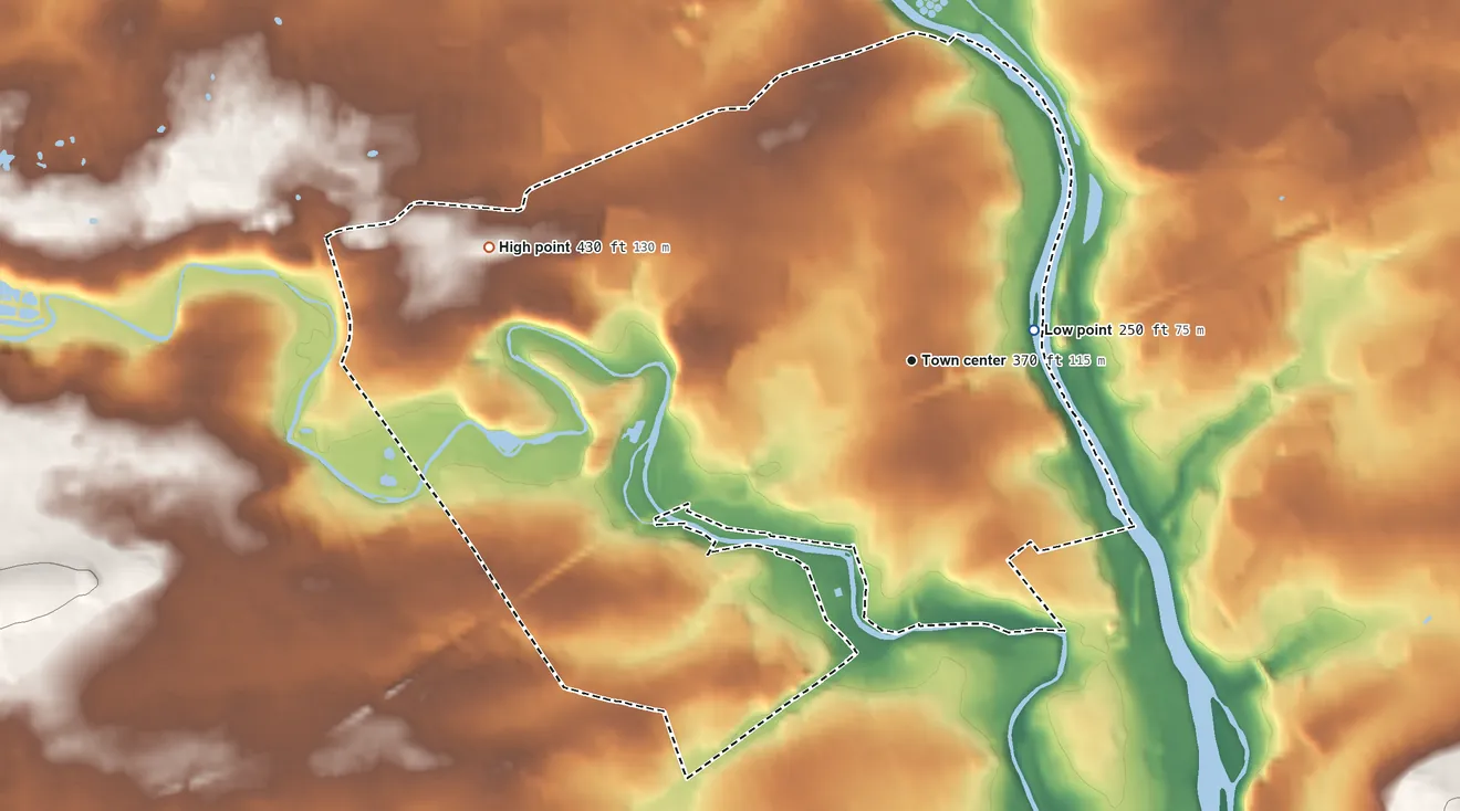 Topographic elevation map of Fullerton, Pennsylvania, shaded from 250 ft on the east side to 430 ft on the west side