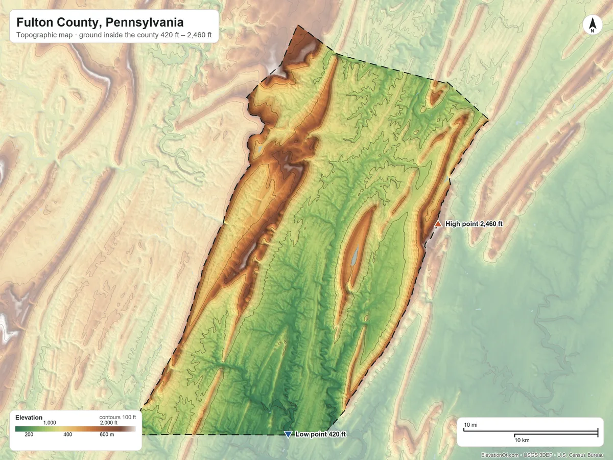 Topographic elevation map of Fulton County, Pennsylvania, shaded from 420 ft on the south side to 2,460 ft on Big Mountain