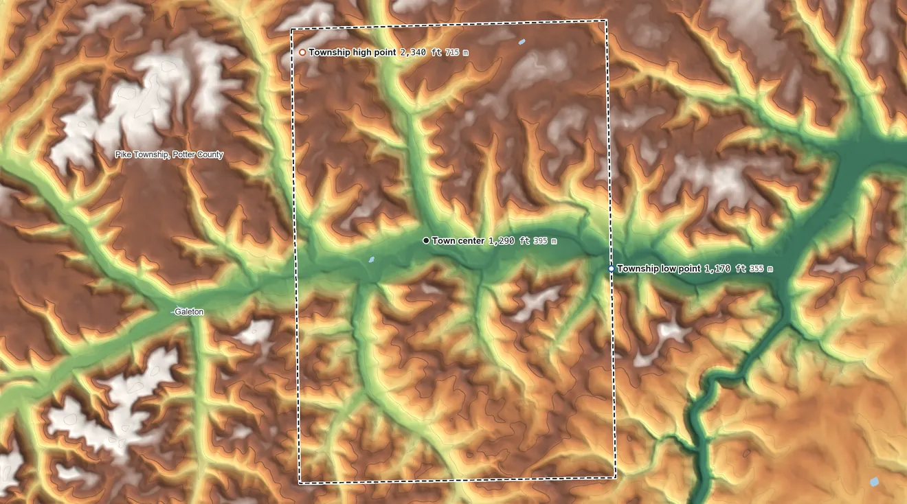 Topographic elevation map of Gaines Township, Pennsylvania, shaded from 1,170 ft on the east side to 2,340 ft on the northwest side