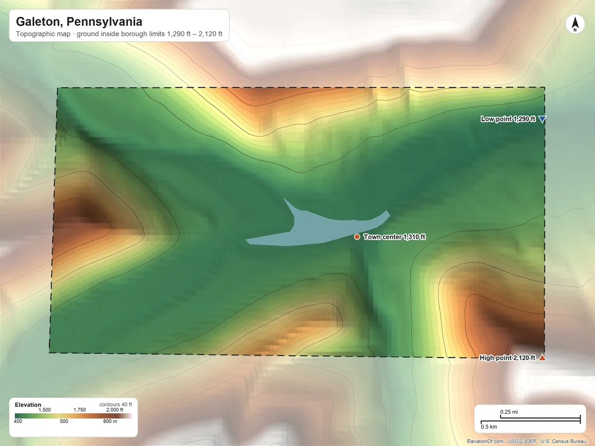 Topographic elevation map of Galeton, Pennsylvania, shaded from 1,290 ft on the northeast side to 2,120 ft on the southeast side