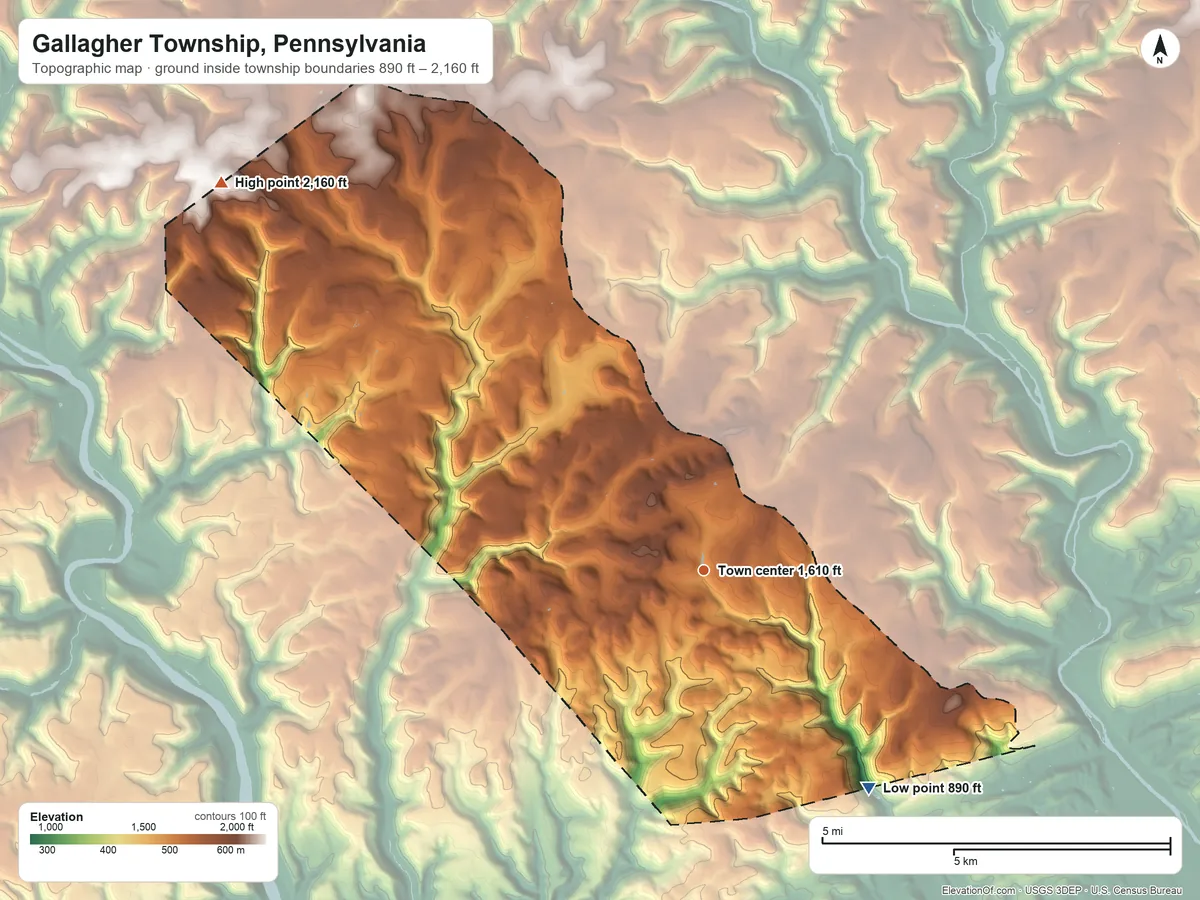 Topographic elevation map of Gallagher Township, Pennsylvania, shaded from 890 ft on the southeast side to 2,160 ft on the northwest side