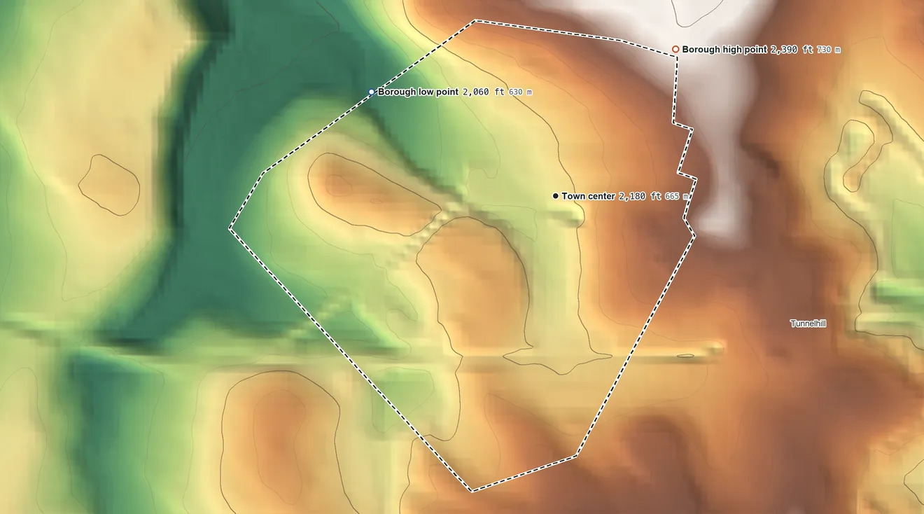 Topographic elevation map of Gallitzin, Pennsylvania, shaded from 2,060 ft on the northwest side to 2,390 ft on the northeast side