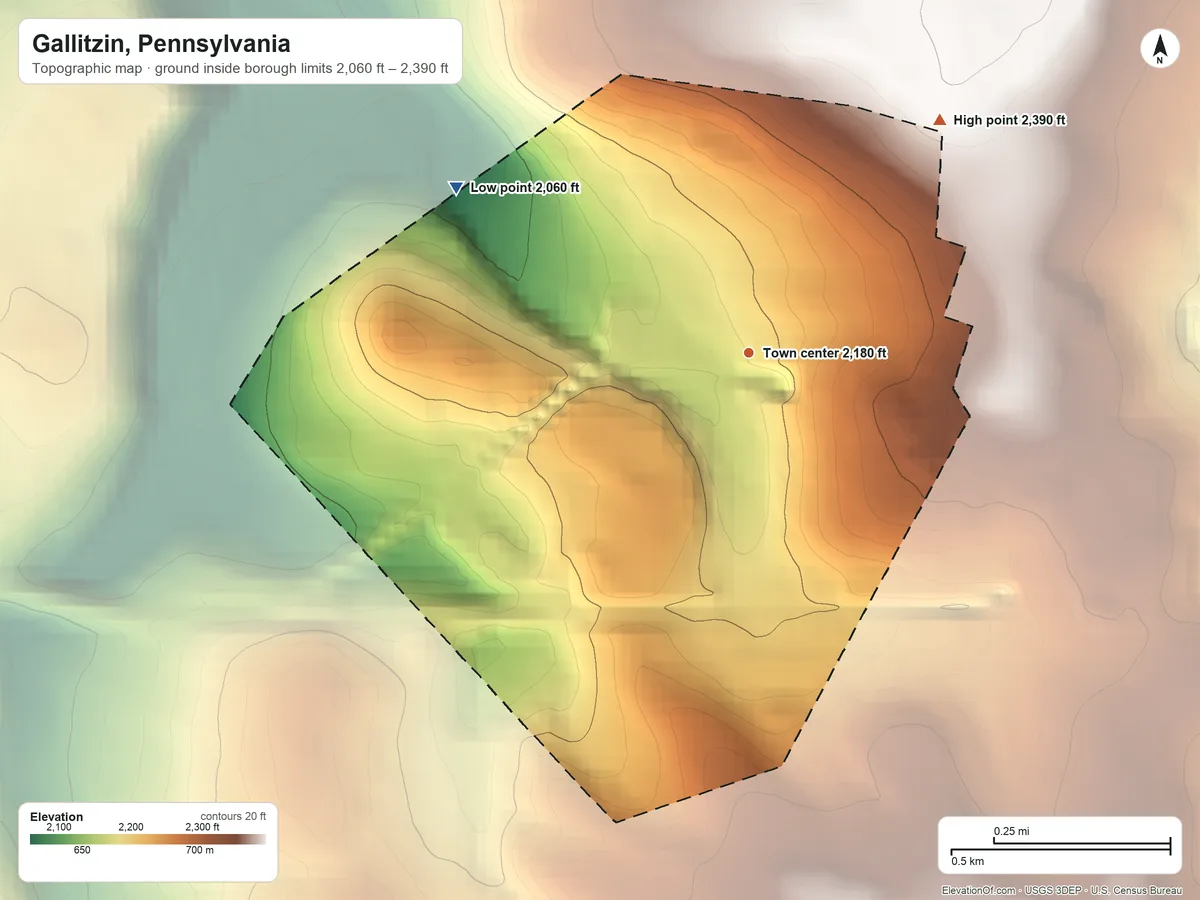 Topographic elevation map of Gallitzin, Pennsylvania, shaded from 2,060 ft on the northwest side to 2,390 ft on the northeast side
