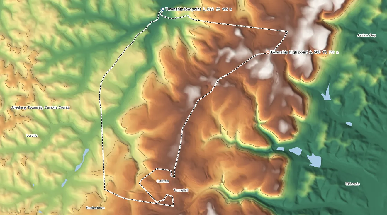 Topographic elevation map of Gallitzin Township, Pennsylvania, shaded from 1,620 ft on the northwest side to 2,500 ft on the northeast side