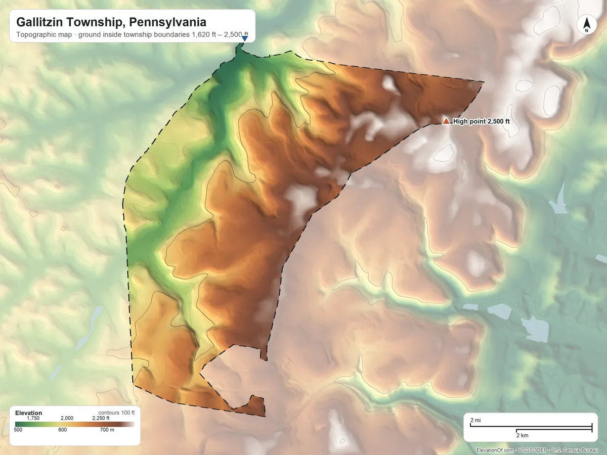Topographic elevation map of Gallitzin Township, Pennsylvania, shaded from 1,620 ft on the northwest side to 2,500 ft on the northeast side