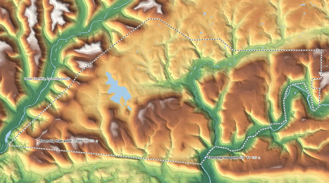 Topographic elevation map of Gamble Township, Pennsylvania, shaded from 610 ft on the southeast side to 2,000 ft on Nail Factory Mountain