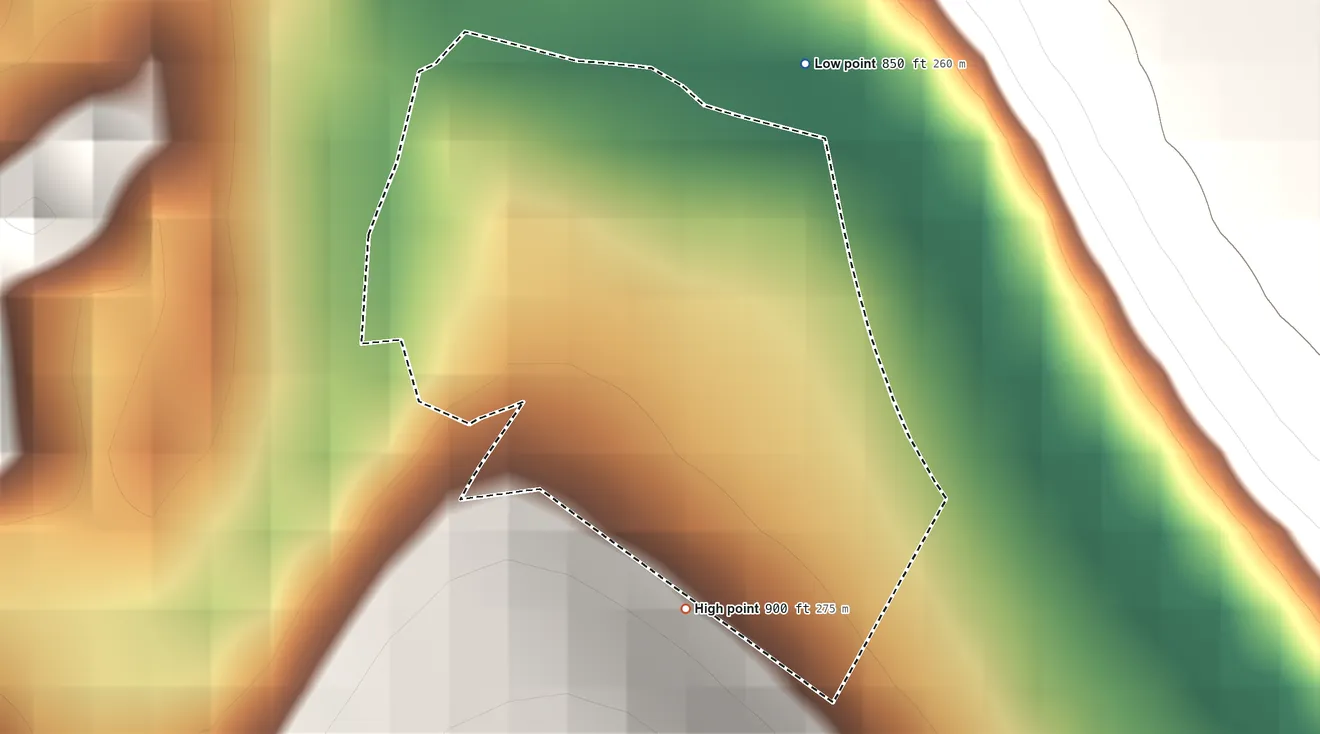 Topographic elevation map of Ganister, Pennsylvania, shaded from 850 ft on the north side to 900 ft on the south edge, below higher ground just outside