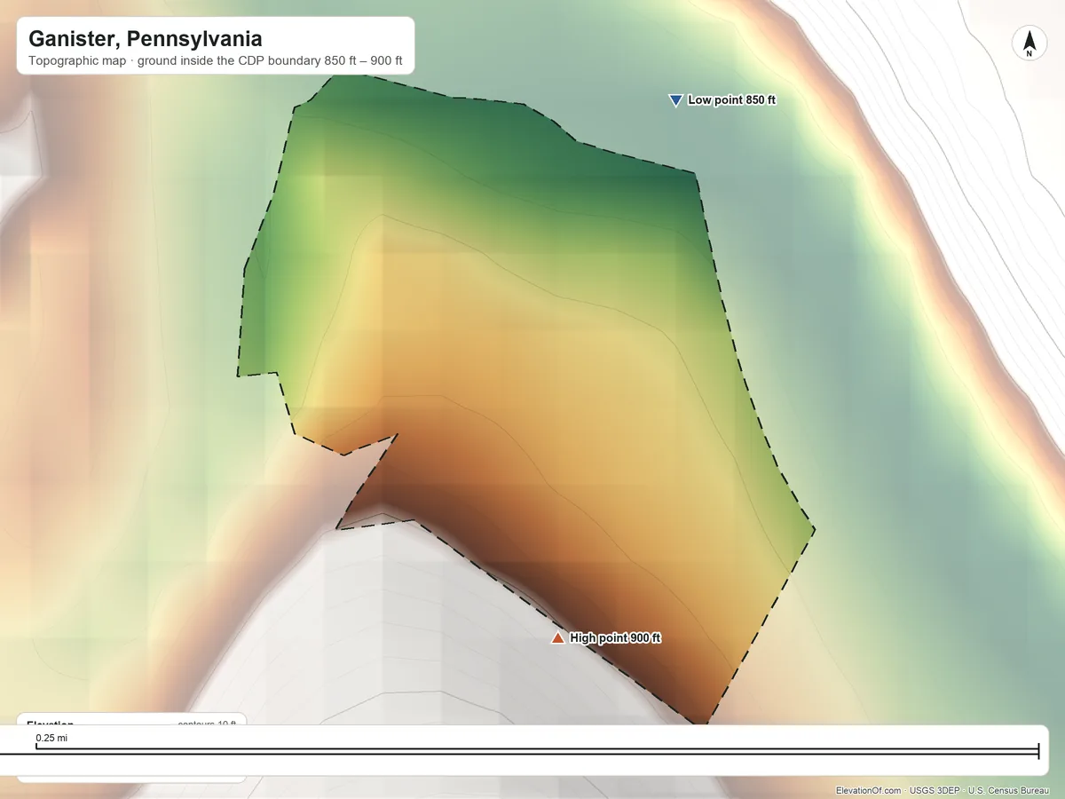 Topographic elevation map of Ganister, Pennsylvania, shaded from 850 ft on the north side to 900 ft on the south edge, below higher ground just outside