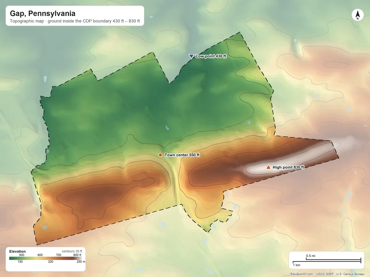 Topographic elevation map of Gap, Pennsylvania, shaded from 430 ft on the north side to 830 ft on Gap Hill