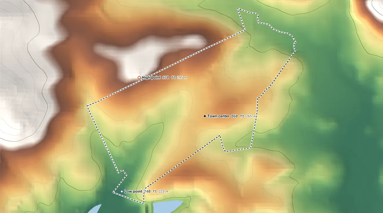 Topographic elevation map of Gardners, Pennsylvania, shaded from 740 ft on the southwest side to 970 ft on the northwest side