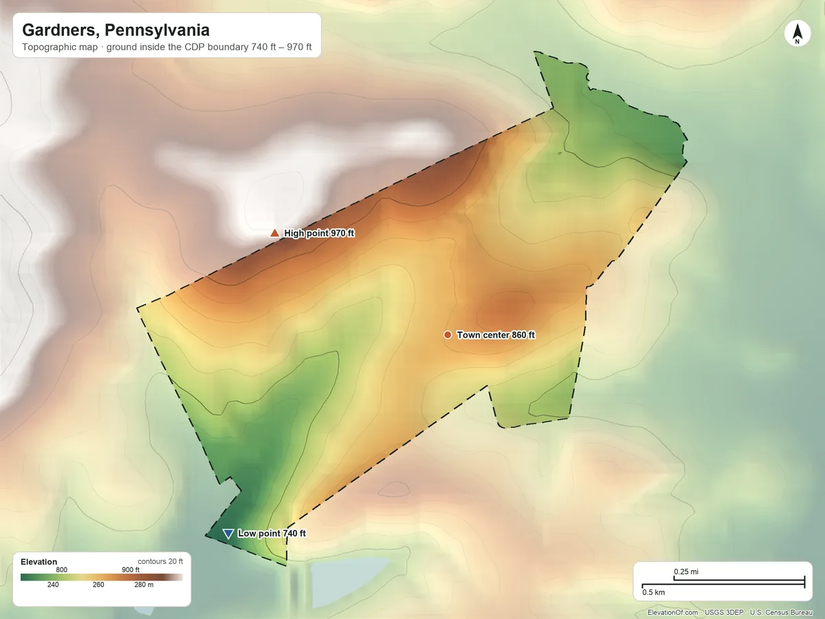 Topographic elevation map of Gardners, Pennsylvania, shaded from 740 ft on the southwest side to 970 ft on the northwest side