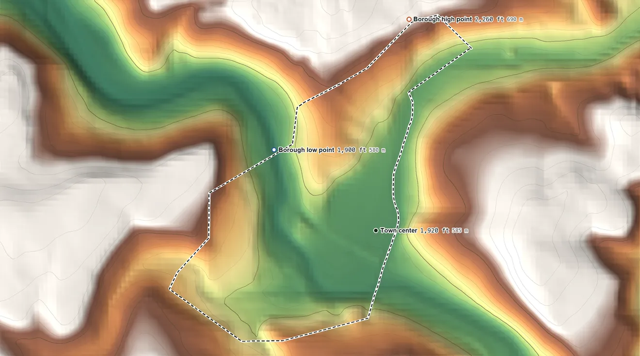 Topographic elevation map of Garrett, Pennsylvania, shaded from 1,900 ft on the northwest side to 2,260 ft on the north side