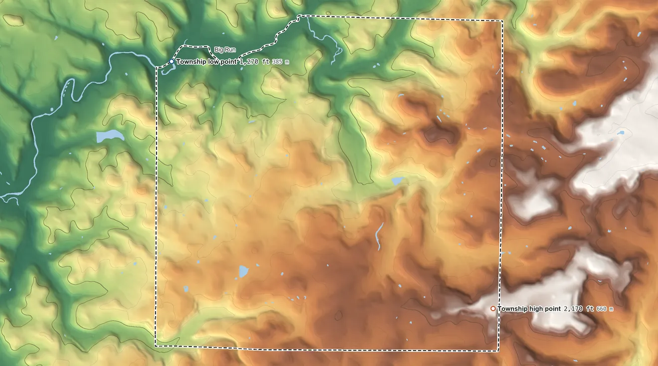 Topographic elevation map of Gaskill Township, Pennsylvania, shaded from 1,270 ft on the northwest side to 2,170 ft on the southeast side