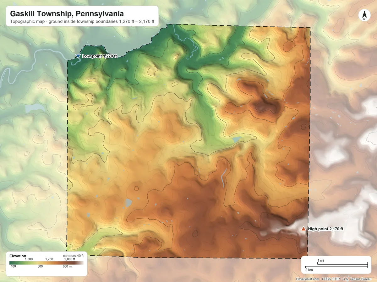 Topographic elevation map of Gaskill Township, Pennsylvania, shaded from 1,270 ft on the northwest side to 2,170 ft on the southeast side
