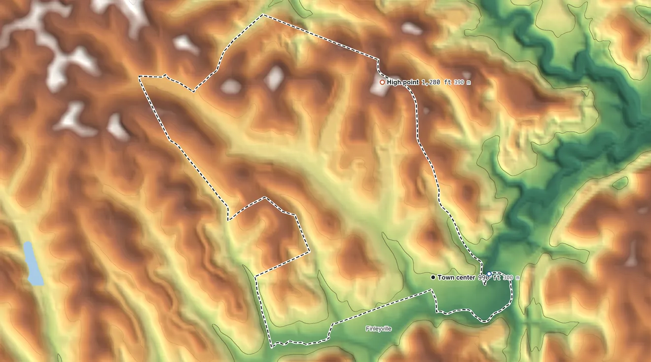 Topographic elevation map of Gastonville, Pennsylvania, shaded from 900 ft on the east side to 1,280 ft on the north side