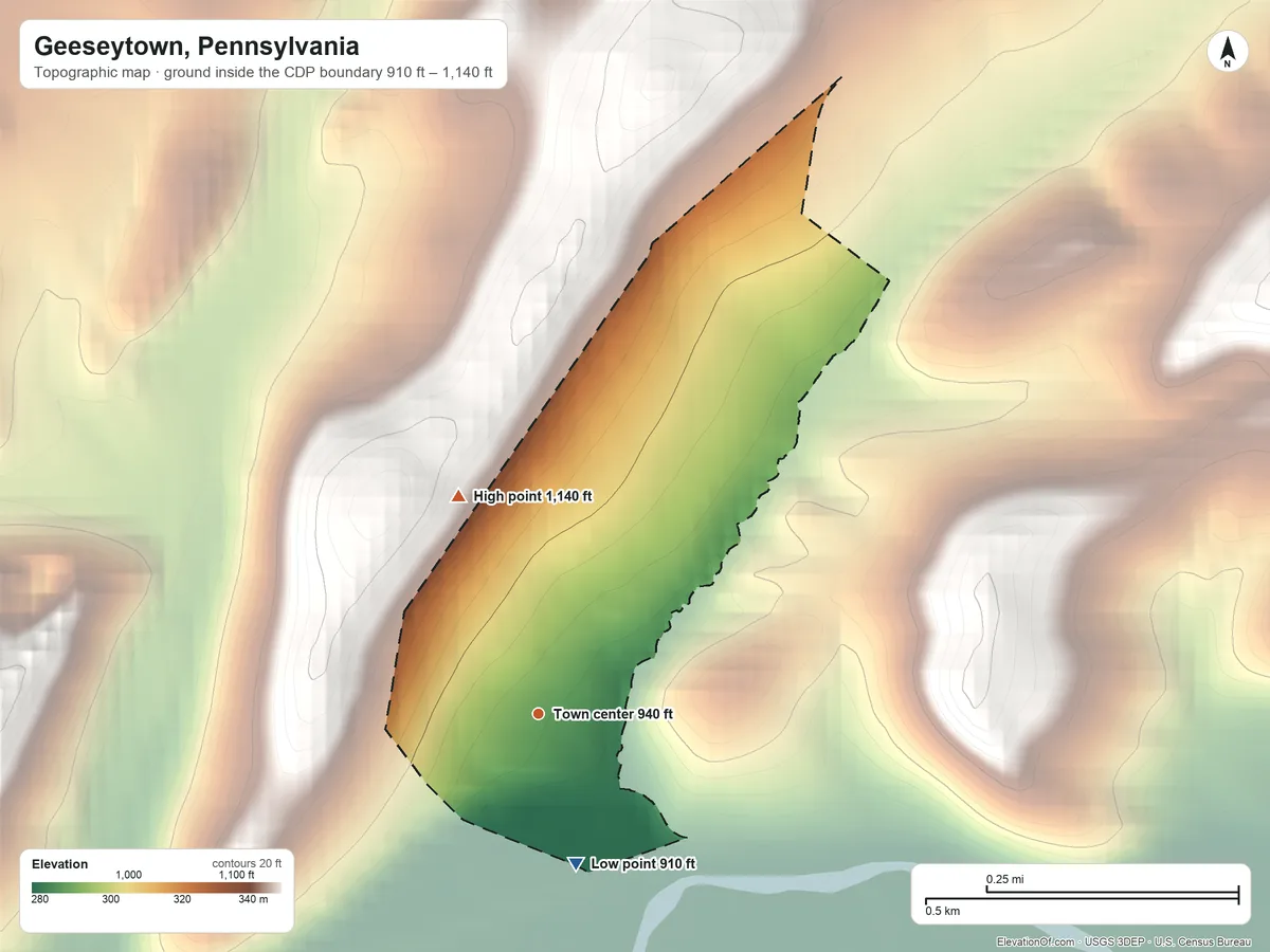 Topographic elevation map of Geeseytown, Pennsylvania, shaded from 910 ft on the south side to 1,140 ft on the north edge, below higher ground just outside