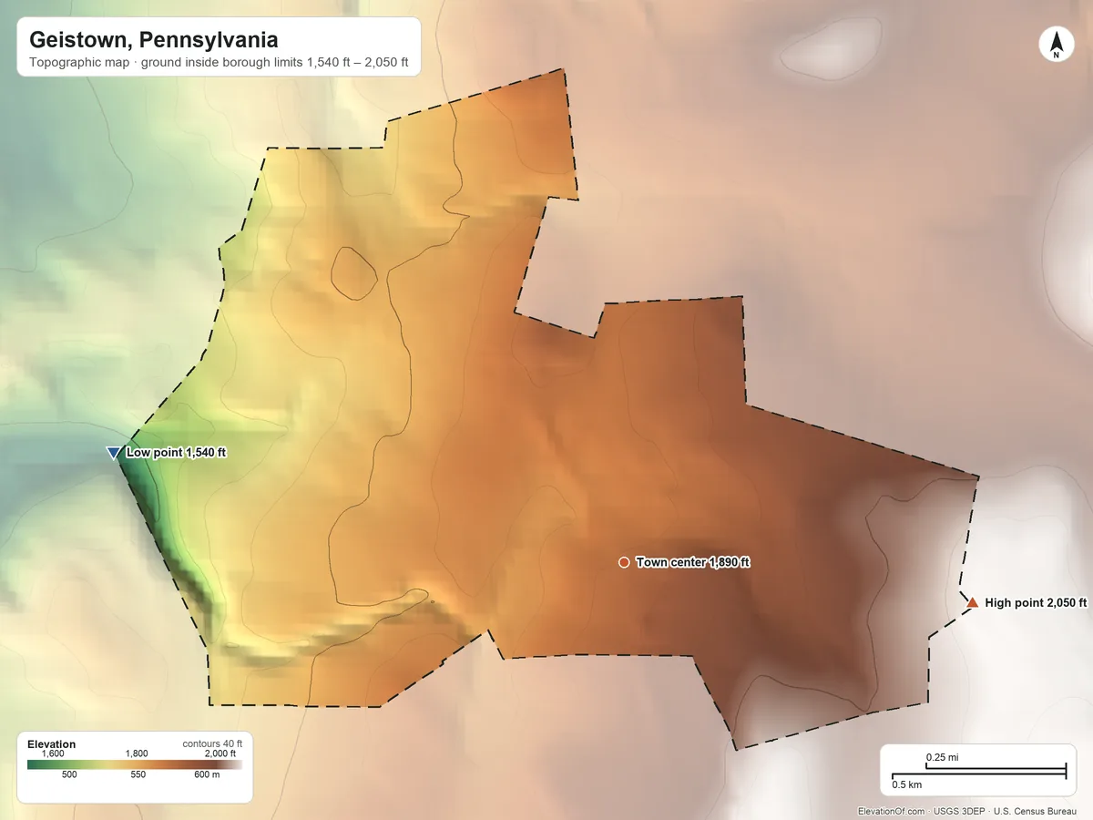 Topographic elevation map of Geistown, Pennsylvania, shaded from 1,540 ft on the west side to 2,050 ft on the east side