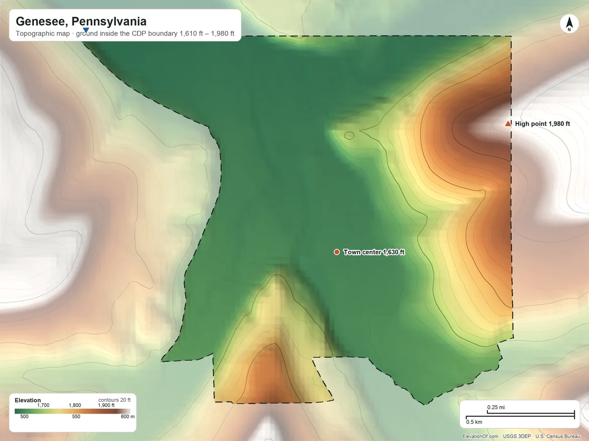 Topographic elevation map of Genesee, Pennsylvania, shaded from 1,610 ft on the northwest side to 1,980 ft on the northeast edge, below higher ground just outside