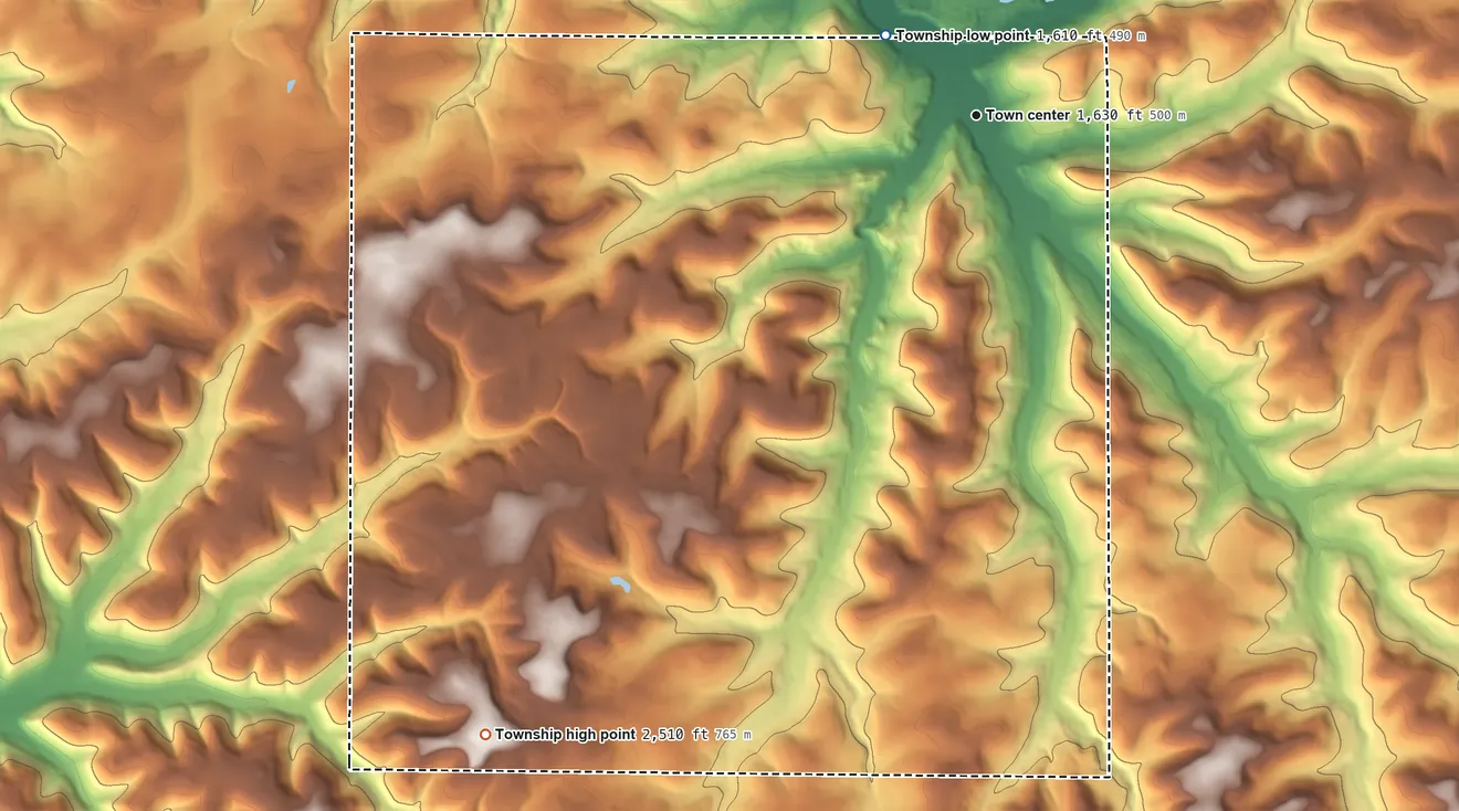 Topographic elevation map of Genesee Township, Pennsylvania, shaded from 1,610 ft on the northwest side to 2,510 ft on the southwest side