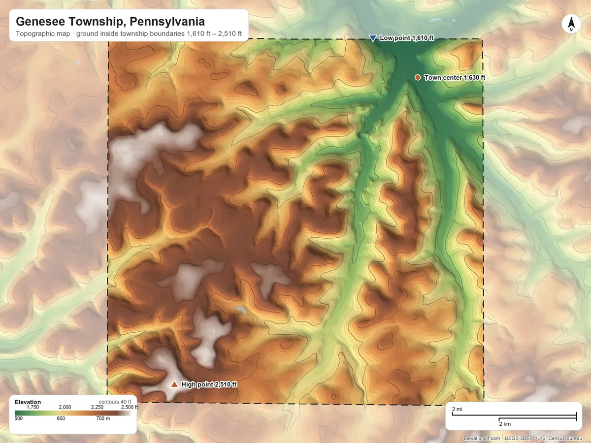 Topographic elevation map of Genesee Township, Pennsylvania, shaded from 1,610 ft on the northwest side to 2,510 ft on the southwest side