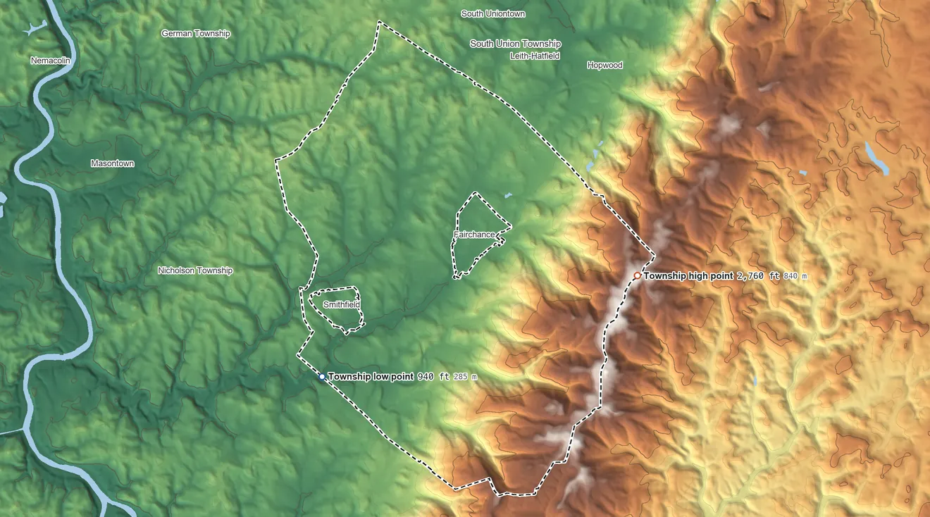Topographic elevation map of Georges Township, Pennsylvania, shaded from 940 ft on the southwest side to 2,760 ft on the east side
