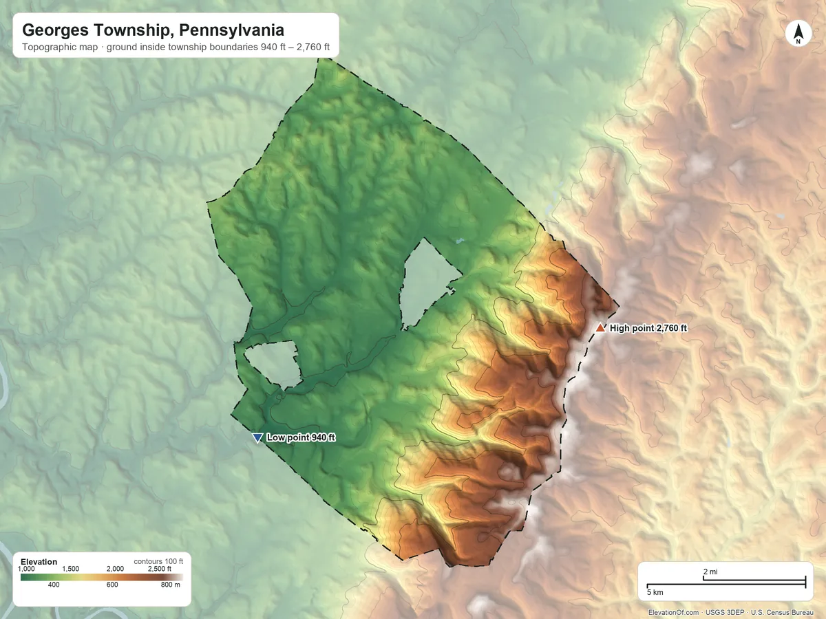 Topographic elevation map of Georges Township, Pennsylvania, shaded from 940 ft on the southwest side to 2,760 ft on the east side