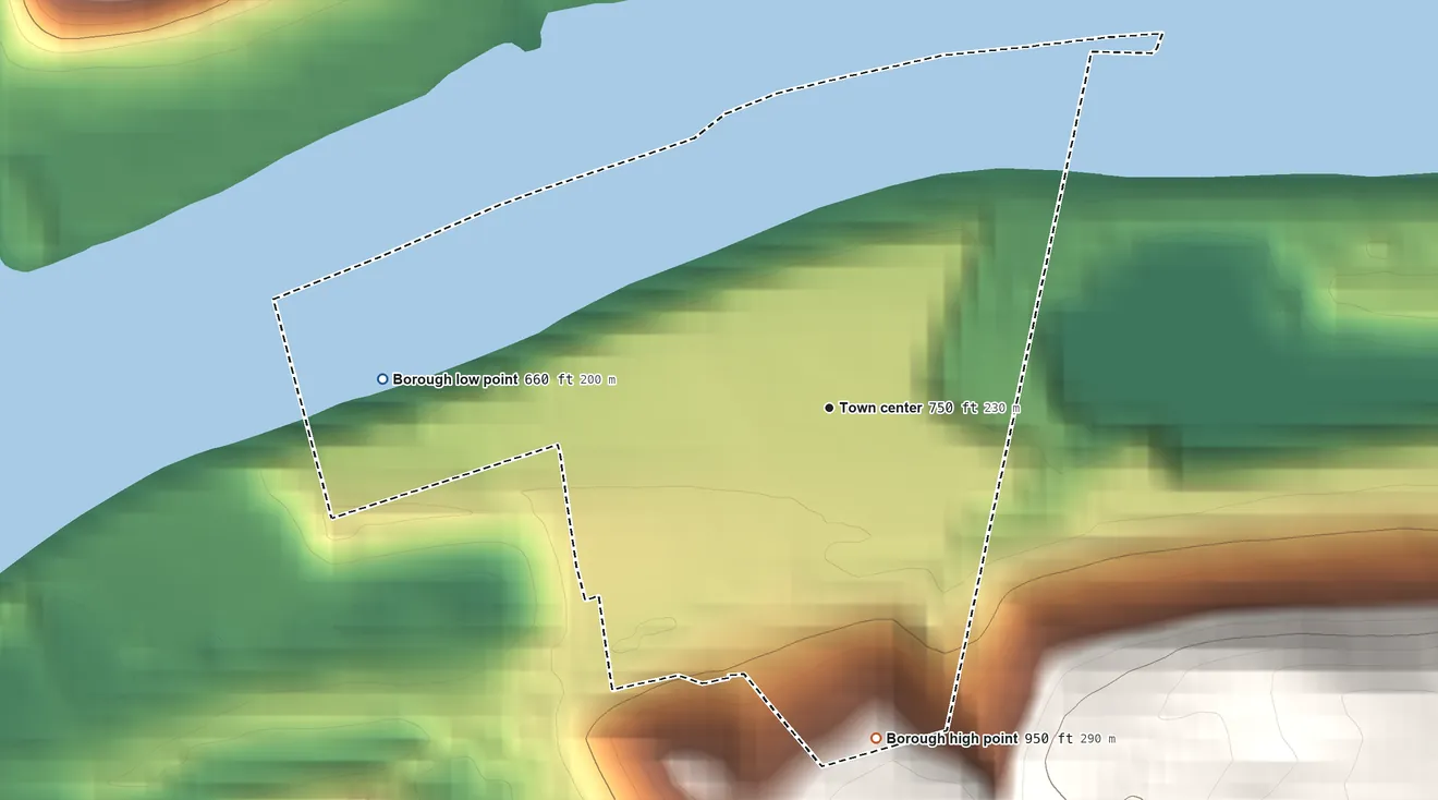 Topographic elevation map of Borough of Georgetown, Pennsylvania, shaded from 660 ft on the west side to 950 ft on the south edge, below higher ground just outside