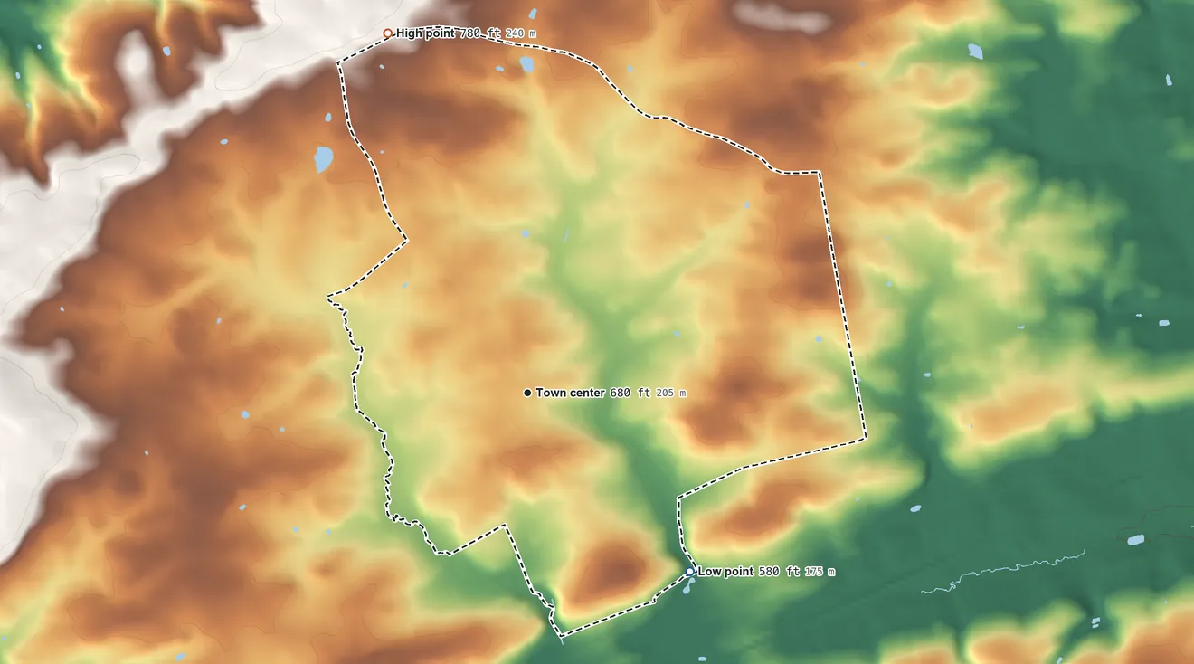 Topographic elevation map of Georgetown, Lancaster County, Pennsylvania, shaded from 580 ft on the southeast side to 780 ft on the north side