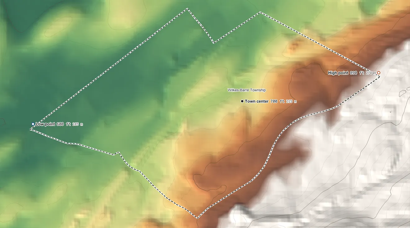Topographic elevation map of Georgetown, Pennsylvania, shaded from 600 ft on the west side to 890 ft on the east edge, below higher ground just outside