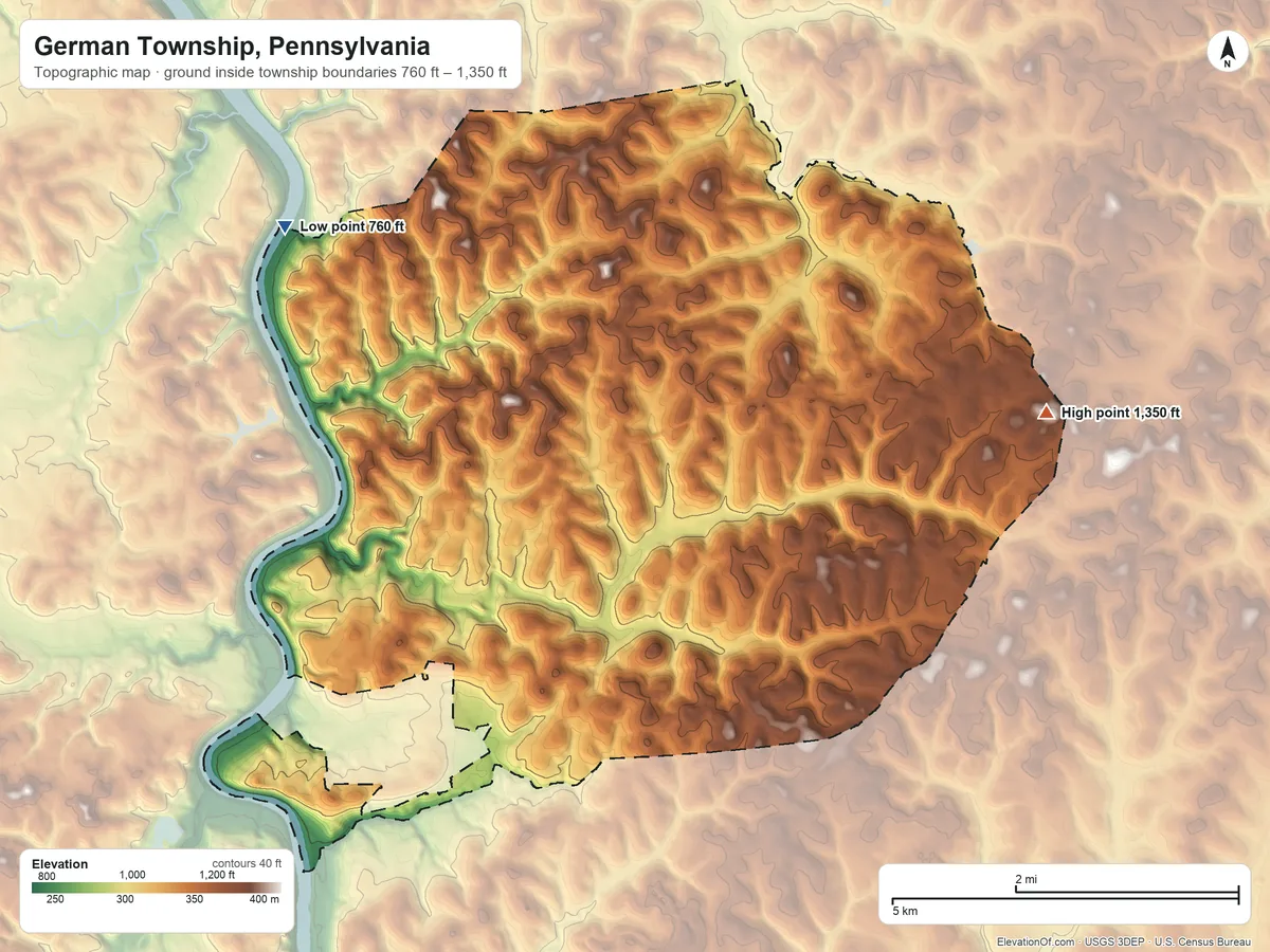 Topographic elevation map of German Township, Pennsylvania, shaded from 760 ft on the northwest side to 1,350 ft on the east side