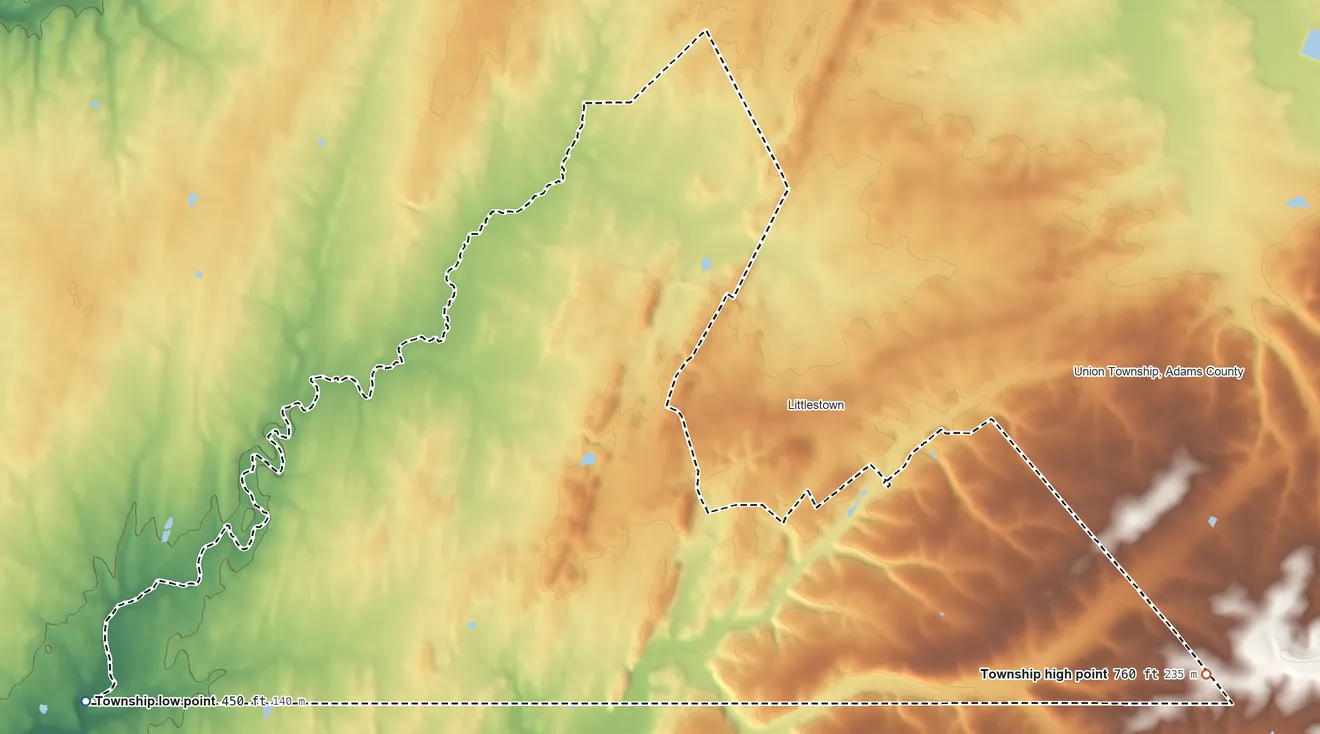 Topographic elevation map of Germany Township, Pennsylvania, shaded from 450 ft on the west side to 760 ft on the east side