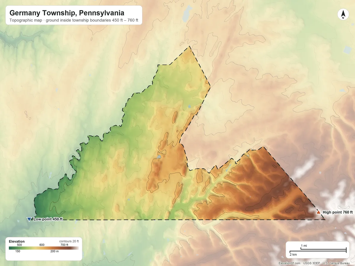 Topographic elevation map of Germany Township, Pennsylvania, shaded from 450 ft on the west side to 760 ft on the east side