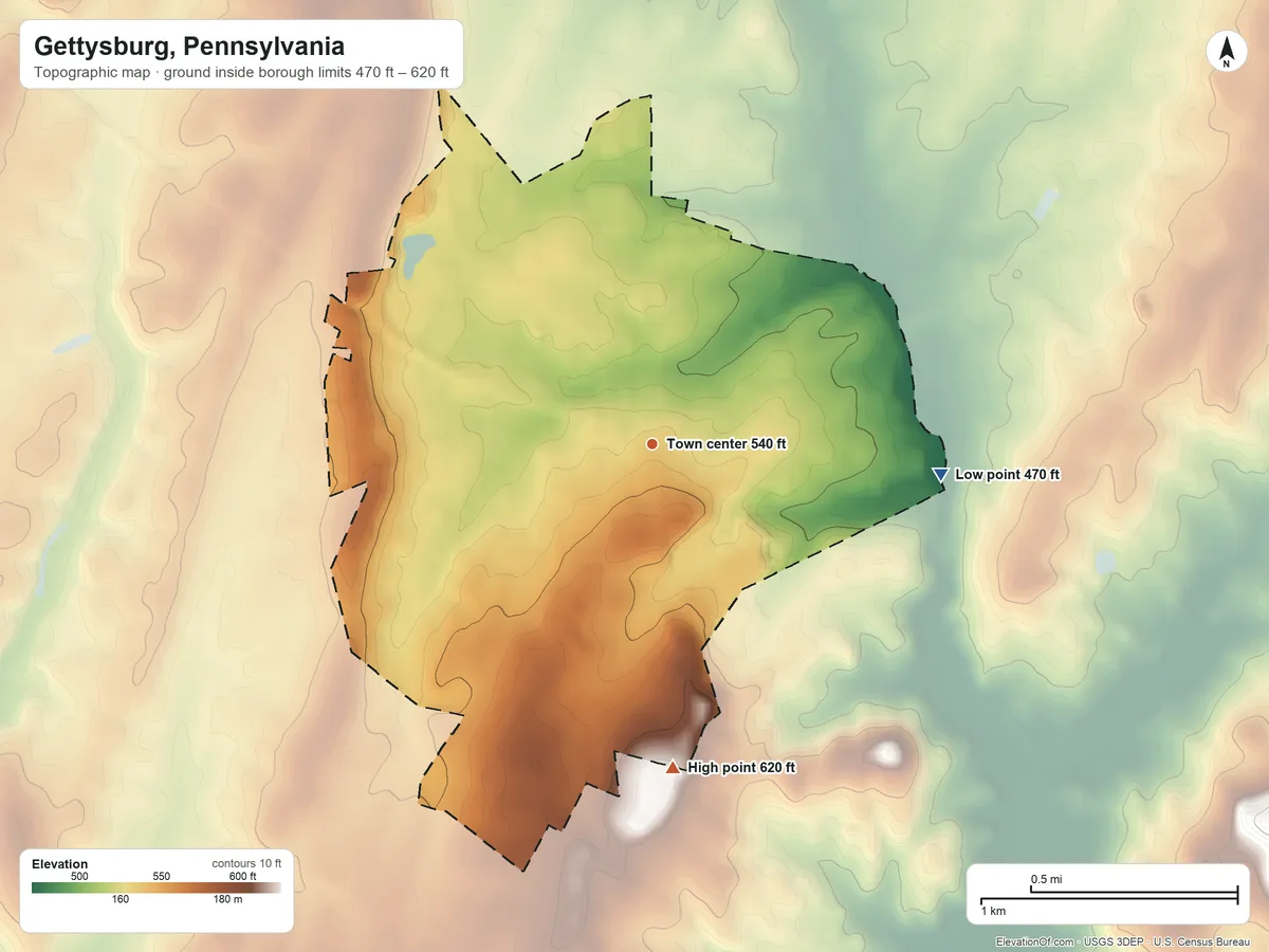 Topographic elevation map of Gettysburg, Pennsylvania, shaded from 470 ft on the east side to 620 ft on the south edge, below higher ground just outside