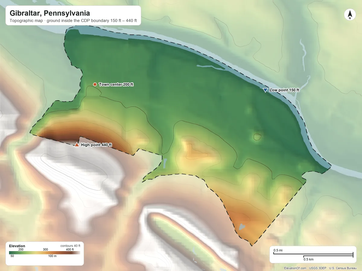 Topographic elevation map of Gibraltar, Pennsylvania, shaded from 150 ft on the east side to 440 ft on the south edge, below higher ground just outside