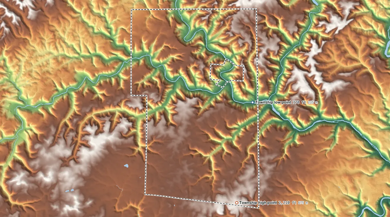 Topographic elevation map of Gibson Township, Cameron County, Pennsylvania, shaded from 770 ft on the southeast side to 2,210 ft on the south side