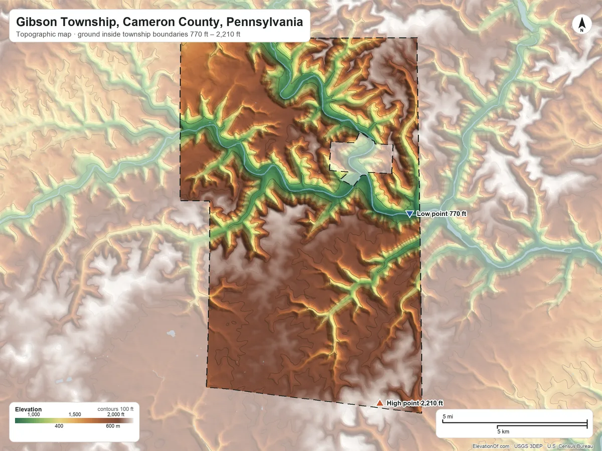 Topographic elevation map of Gibson Township, Cameron County, Pennsylvania, shaded from 770 ft on the southeast side to 2,210 ft on the south side