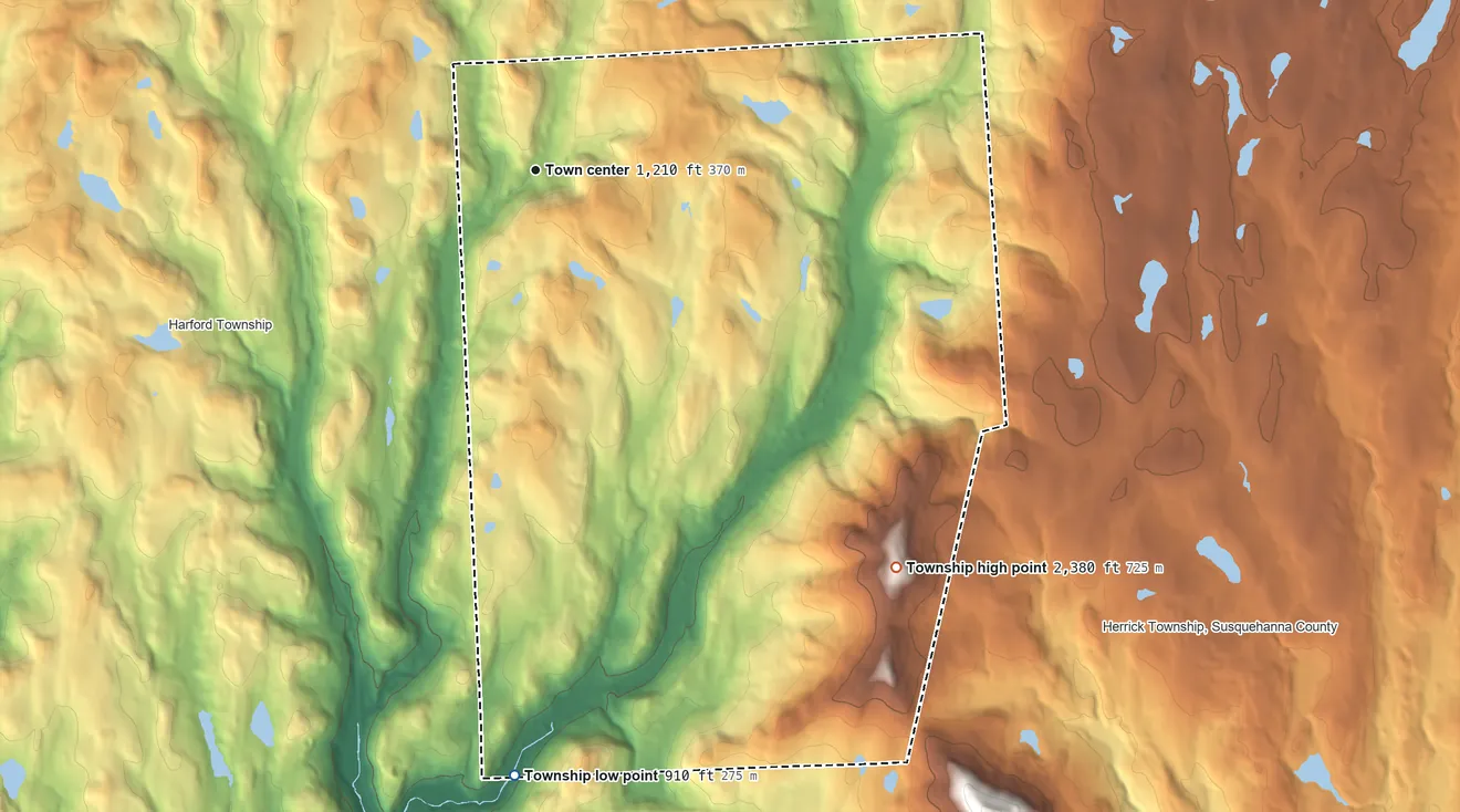Topographic elevation map of Gibson Township, Pennsylvania, shaded from 910 ft on the south side to 2,380 ft on East Mountain