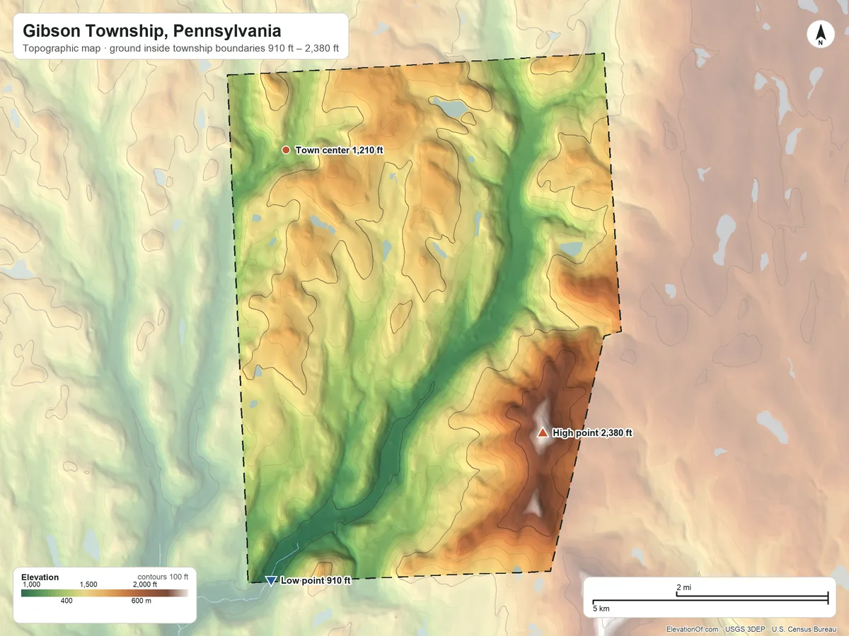 Topographic elevation map of Gibson Township, Pennsylvania, shaded from 910 ft on the south side to 2,380 ft on East Mountain