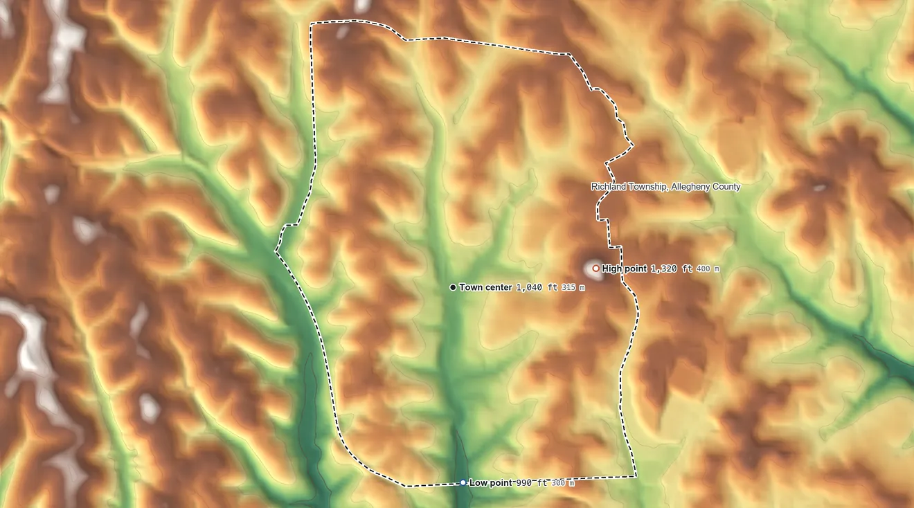 Topographic elevation map of Gibsonia, Pennsylvania, shaded from 990 ft on the south side to 1,320 ft on the east side