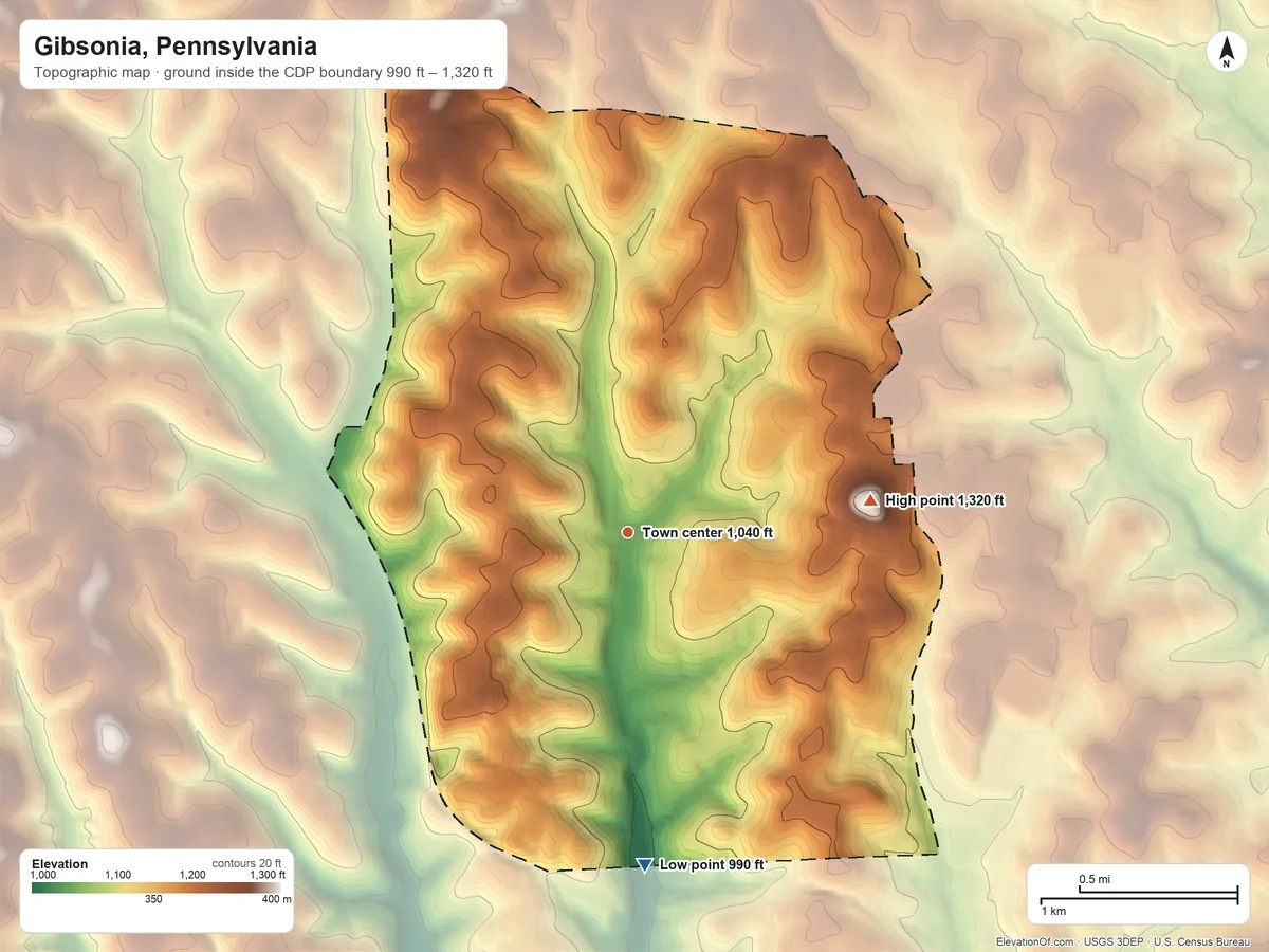 Topographic elevation map of Gibsonia, Pennsylvania, shaded from 990 ft on the south side to 1,320 ft on the east side