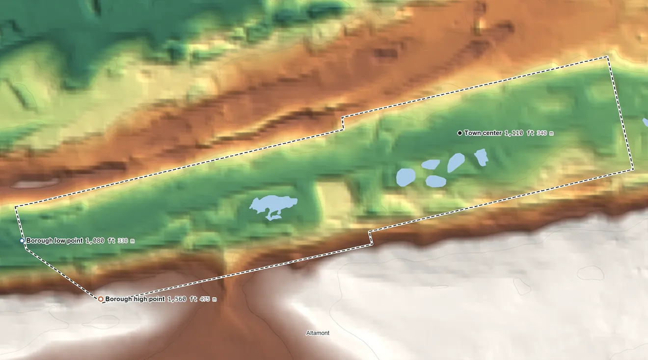 Topographic elevation map of Gilberton, Pennsylvania, shaded from 1,080 ft on the west side to 1,560 ft on the southwest side