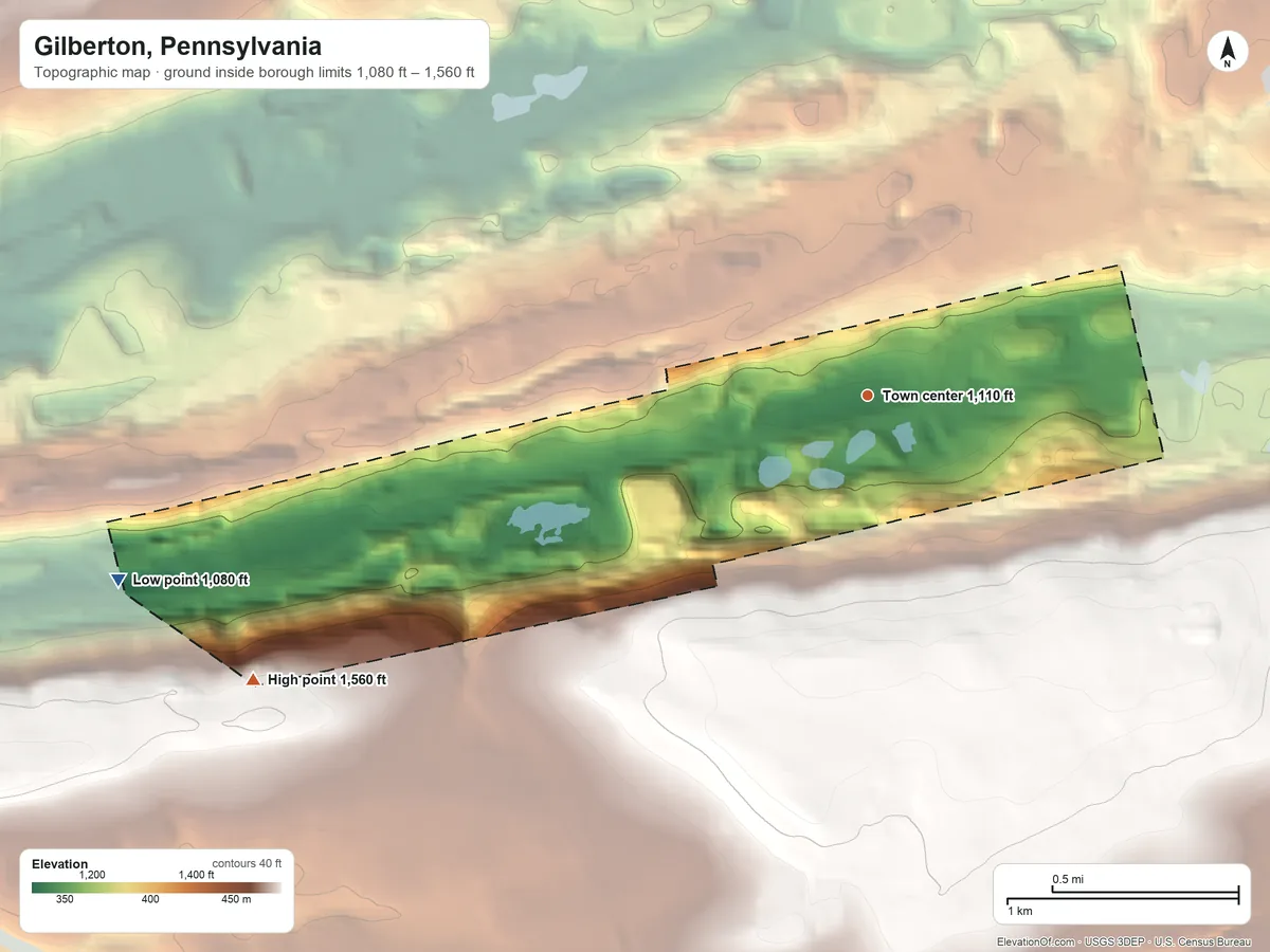 Topographic elevation map of Gilberton, Pennsylvania, shaded from 1,080 ft on the west side to 1,560 ft on the southwest side