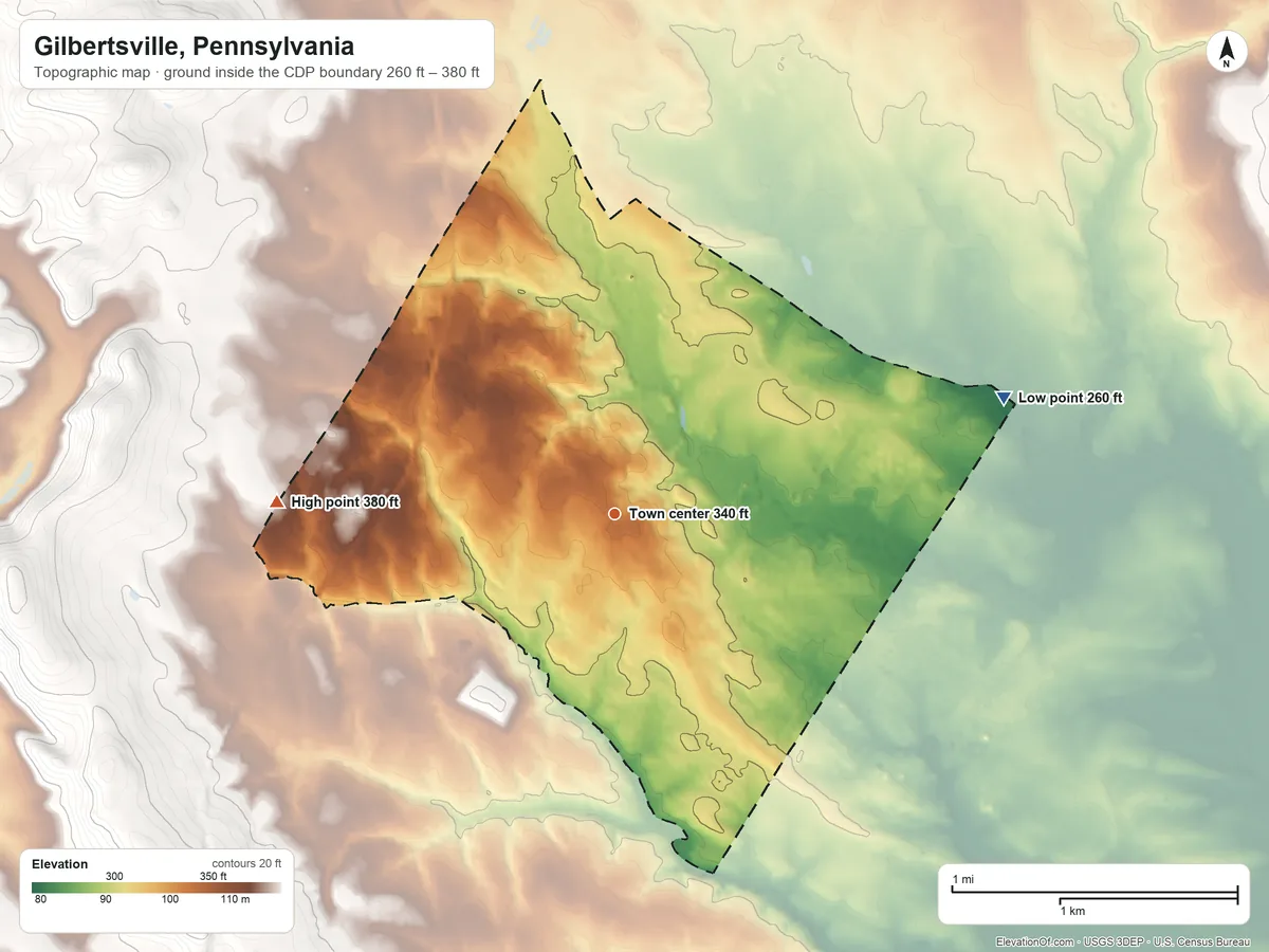 Topographic elevation map of Gilbertsville, Pennsylvania, shaded from 260 ft on the east side to 380 ft on the west edge, below higher ground just outside