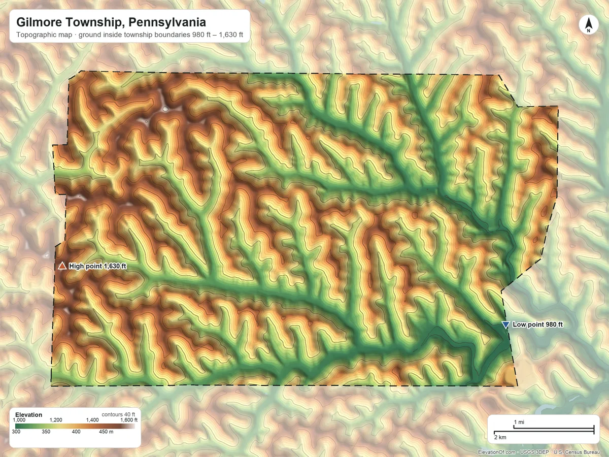 Topographic elevation map of Gilmore Township, Pennsylvania, shaded from 980 ft on the southeast side to 1,630 ft on the west side