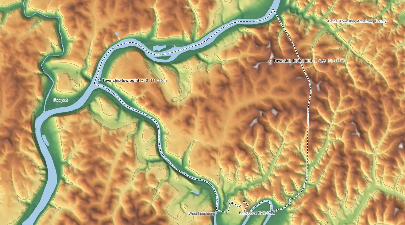 Topographic elevation map of Gilpin Township, Pennsylvania, shaded from 750 ft on the west side to 1,420 ft on the northeast side